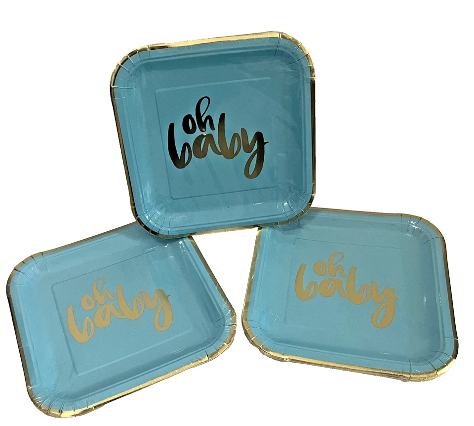 OH BABY 8ct 9 pol. Pratos de papel azul chá de bebê menino letras douradas lote de 3 NOVO - Imagem 1 de 2