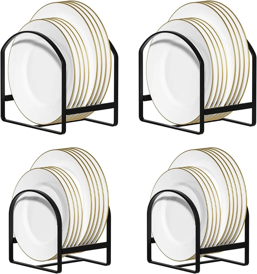 4 Pack Kitchen Plate Holders Metal Dish Rack Organiser for Cupboard & Countertop - Image 1 of 4