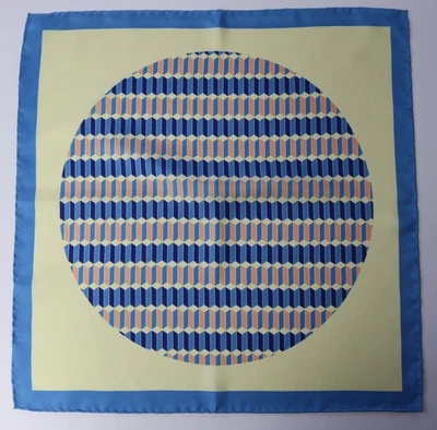 Silk pocket square. Lemon & blue geometric. Hand rolled. - Image 1 of 3
