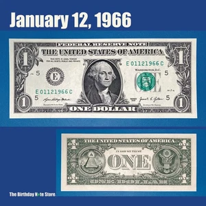 January 12, 1966 Birthday Anniversary $1 One Dollar Bill Serial Number 01121966 - Picture 1 of 2