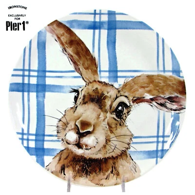 NUEVO Pier 1 Imports HENRY BUNNY 8.5" Plato de Ensalada Orejas de Conejo Aparte Azul Cuadros Foto 1 de 4