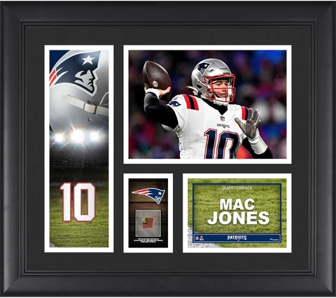 Mac Jones New England Patriots Framed 15" x 17" Player Collage with Cover