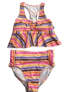 Girls Pink Orange Purple Rainbow Stripe 2pc Tankini Swimming Suit - Picture 1 of 2