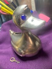 Vintage Leonard Silver Plated Duck Coin Piggy Bank Blue Eyes Italy with Key