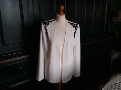 RARA CHAQUETA JERSEY DE COLECCIÓN AÑOS 70 LIZA PETA BLANCA PATRÓN PÚRPURA PROFUNDO REINO UNIDO 10 ELEGANTE Foto 1 de 4