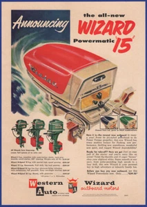 Anuncio impreso vintage 1957 Wizard 15 motores fueraborda navegación occidental automático años 50 - Imagen 1 de 1