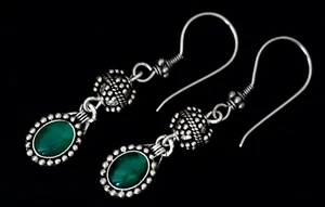 Lovely Sterling Silver Ethnic Earrings Emerald Stone Handmade Traditional Jewlry - Picture 1 of 2