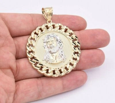 Pingente medalhão 2 1/2" Jesus Head Miami meio-fio borda ouro branco amarelo 10K - Imagem 1 de 4