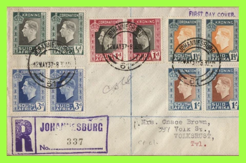 South Africa 1937 KGVI Coronation pairs set registered First Day Cover Cover