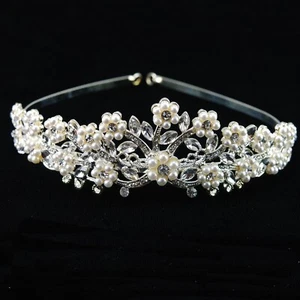 RHINESTONE  RHINESTONES PEARL HEADBAND TIARA BRIDAL -SILVER - Picture 1 of 3