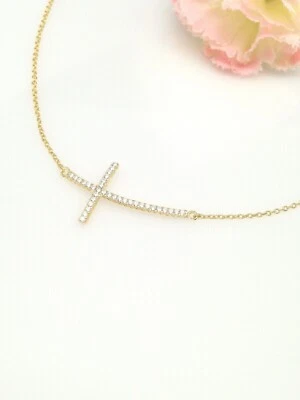 925 Sterling Silver Curved Cz Gold Cross Sideways Pendant Necklace 30mm(1.18") - Image 1 of 4