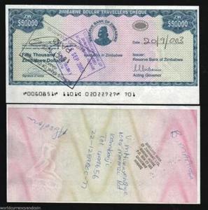 ZIMBABWE 50000 Dollars P-19  2003 x 1 Pcs ZIMBABWEAN Travelers Cheque  BANK NOTE - Picture 1 of 2