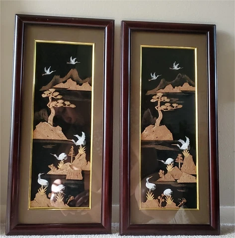 3D Wood Cut White Crane Bird Tree Mountain Panel Frame Glass Wall Hanging Set 2 Cover