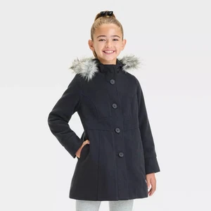 Girls' Solid Faux Fur Jacket - Cat & Jack Black L - Picture 1 of 3
