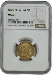 1875 Belgium Gold 20 Francs 0.1867 oz Coin NGC Mint State 61 Leopold II - Picture 1 of 2