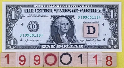UNC 1990 January 18 Birthday Date Note Fancy Serial Number $1 Dollar Bill 0s 1s - Image 1 of 4