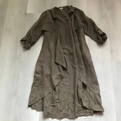 Garnet Hill Womens Trench Coat 14 Brown Linen Roll Tab Sleeve Belted Midi Jacket - Image 1 of 4