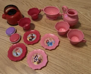 Tea Party Tea Set Lot 14 Pieces Disney Princess Pink & Red Teapots Plates Cups - Picture 1 of 5