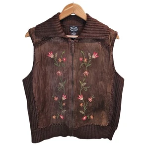 Vintage Brown Suede Embroidered Floral Vest Women's Size Medium Ribbed Knit 90s - Picture 1 of 11