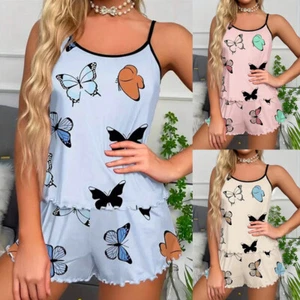 Mujeres Damas Cami Chaleco Pantalones Cortos Lencería Pijamas Pj Prendas para dormir Estampado Mariposa Suave - Imagen 1 de 15