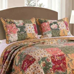 NEW! ~ COZY CHIC GREEN PINK RED YELLOW GOLD SHABBY BURGUNDY RED FLORAL QUILT SET - Picture 1 of 3
