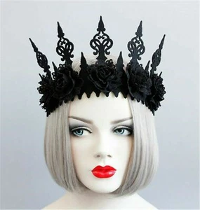 Women BLACK RED flower Gothic Halloween Party Hair Headband Crown tiara Garland - Picture 1 of 13