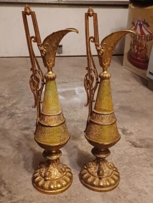 Antique VICTORIAN BRONZE Old Candlestick Holders MANTEL GARNITURE Gold Brass - Image 1 of 4