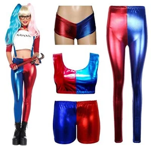 Pantalón Corto Mujer Wet Look Metálico Azul Rojo Harley Quinn Escuadrón Suicida Legging - Imagen 1 de 5