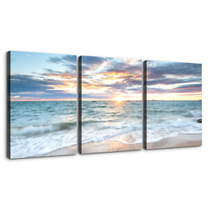Blue Sea Sunset White Beach Painting 3 Piece Canvas Wall Art Picture Poster Home
