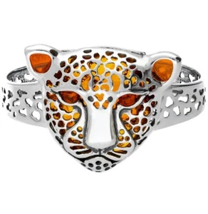 Baltic Amber Bracelet Bangle Cognac Gemstone Sterling Silver 925 Tiger’s Head - Picture 1 of 2