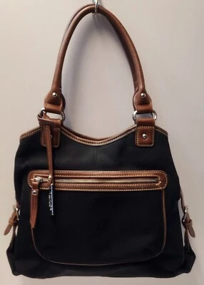 Bolso de hombro Chaps negro con ribete de cuero sintético marrón oscuro Foto 1 de 4