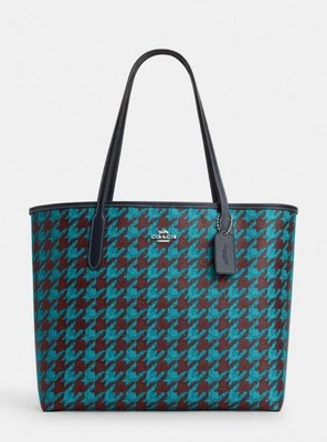 Bolsa tote Coach City nova com etiquetas couro lona Houndstooth CJ626 azul-petróleo/vinho multi - Imagem 1 de 4