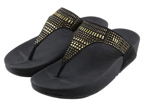 FitFlop Aztek Chada Black/Gold Flip Flop Style Sandals 359-001 Womens Sz 9 Thong - Picture 1 of 10