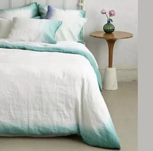 Anthropologie 100% Linen Aqua White Ombre Duvet Cover Size Queen Dip Dyed Boho - Picture 1 of 12