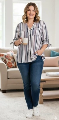 Blusa túnica a rayas mezcla de lino CATO dobladillo alto-bajo lazo mangas 3/4 para mujer talla XL Foto 1 de 4