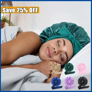 Women Long Hair Care Satin Bonnet Night Sleep Hat Cap Wrap Turban With Tie Band - Picture 1 of 17