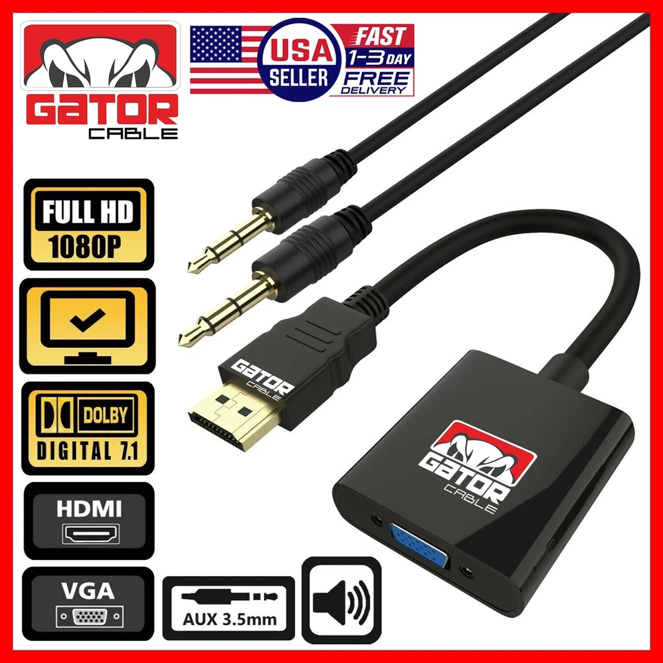 HDMI to VGA Adapter Video Audio with AUX 3.5mm Connector Cable Converter 1080P - Image 1 of 4