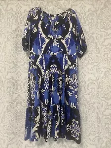 Chicos Ikat Puff Sleeve Tiered Boho Midi Dress Blue White 3 / 16 / XL - Picture 1 of 9