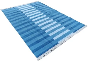 Handmade Cotton Area Flat Weave Woven Rug, Indigo Blue Indian Striped Dhurrie - Picture 1 of 9