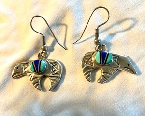 Southwestern Sterling Silver 925 Bear Earrings, Inlay Blue Lapis & Turquoise - Picture 1 of 5