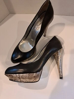 Jessica Simpson Salina Cuero Negro Con Plataforma Piel de Serpiente Stiletto Para Mujer 8B Foto 1 de 4