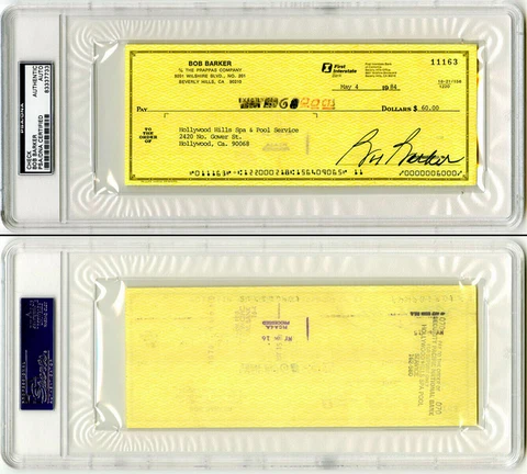 The Price Is Right Bob Barker Signed 1984 Check #11163 Authentic, PSA/DNA, RARE Cover