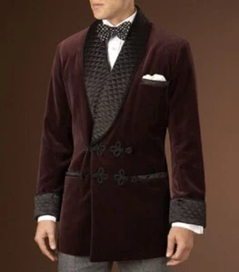 Smoking Jacket Men's Maroon Velvet Elegant Party Wear Evening Dinner Blazer Coat - Picture 1 of 3