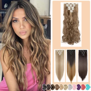 MEGA THICK Ombre Curly Clip in Hair Extensions Full Head 8Pcs Long AS REAL Human - Picture 1 of 65