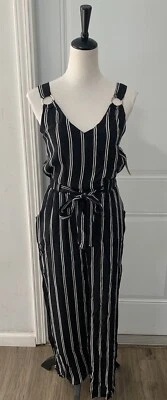 Derek Heart Black White Stripe Jumpsuit Silver Ring Wide Leg Size Medium - Image 1 of 4
