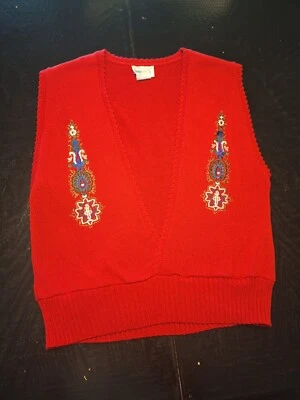 Vintage Leslie Fay Rojo Sin Mangas Suéter Bordado Chaleco Talla 10 Foto 1 de 4