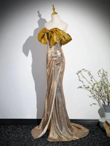 Gold Sequin Evening Dress Floor Length Split Slim Bow Backless Party Gowns - Picture 1 of 7