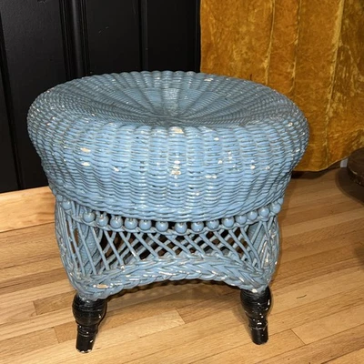 Antique Vintage Blue Wicker Ottoman Footstool Plant Stand Shabby Cottage Decor - Image 1 of 4