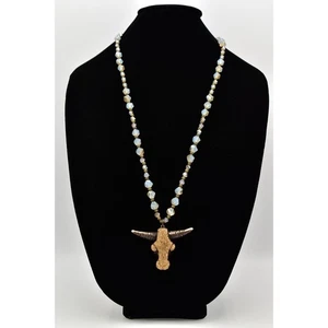 Vintage Kristall Stier Horn Halskette Anhänger irisierend Glasperlen Chunky Bin6B - Bild 1 von 11