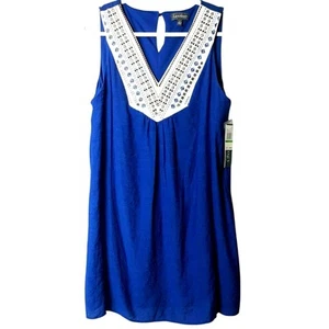Luxology Embellished Beaded V-Neck A-Line Sleeveless Dress Large Blue White Boho - Picture 1 of 12